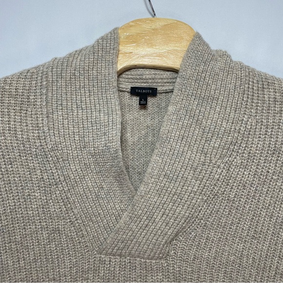 Talbots Shawl Collar Shaker Stitch Pullover Beige V-Neck Long Sleeve Sweater L - Picture 6 of 10